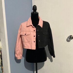 Pink and Black Cropped Denim Jacket